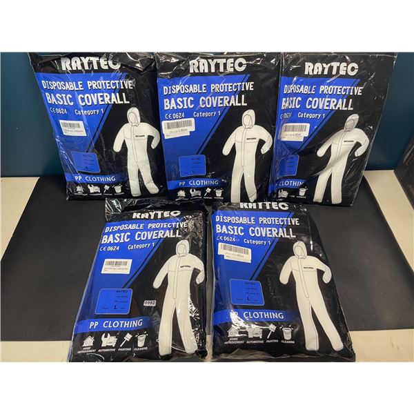 Lot of 5 Disposable Protective Basic Coveralls - Size Large