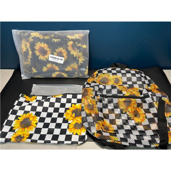 Lot of 2 Sunflower Checkered Mesh Backpack Sets w/ Cosmetic Bags