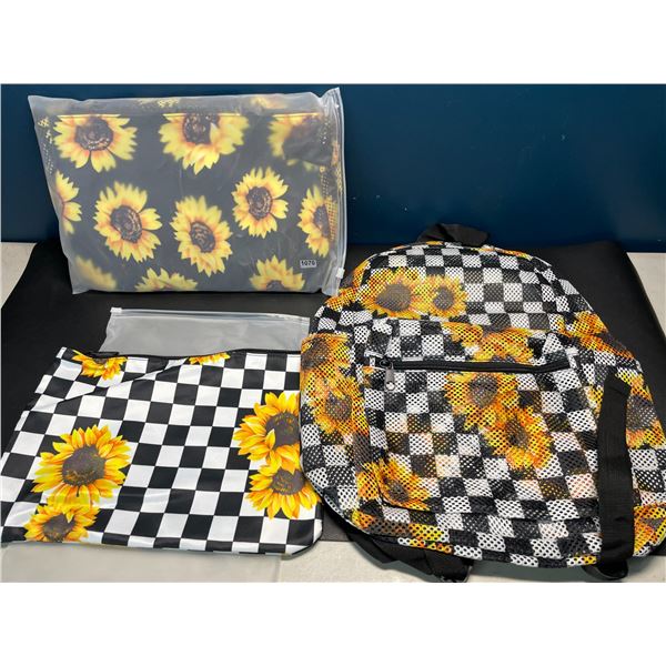 Lot of 2 Sunflower Checkered Mesh Backpack Sets w/ Cosmetic Bags