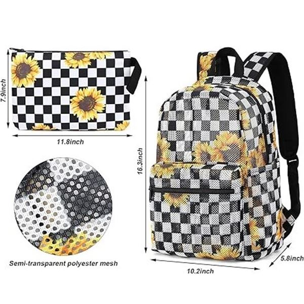 Lot of 2 Sunflower Checkered Mesh Backpack Sets w/ Cosmetic Bags
