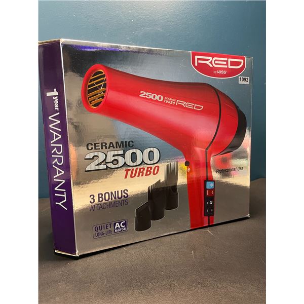 Lot of 1 RED by KISS Ceramic 2500 Turbo Hair Dryer w/ 3 Bonus Attachments - Brand New!