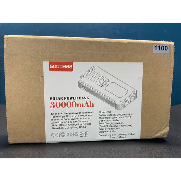 Lot of 1 High-Power Solar Power Bank/Portable Charger - 30,000mAh - Brand New!