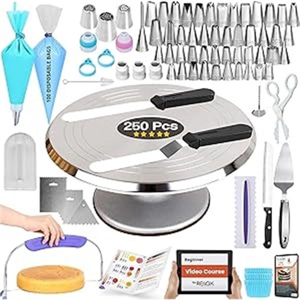 Lot of 1 250PC Cake Decorating Kit w/ Turntable, Assorted Icing tips, Piping Bags, & More!