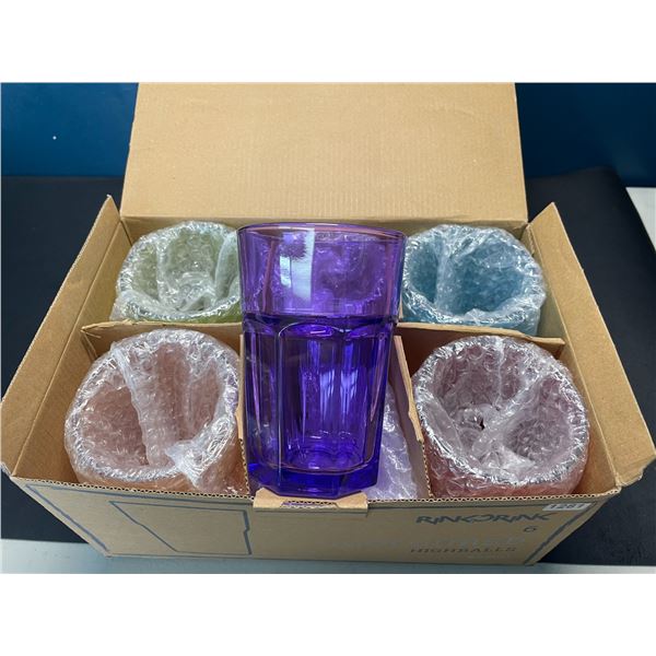 Lot of 1 Box of 6 Coloured Highball Drinking Glasses