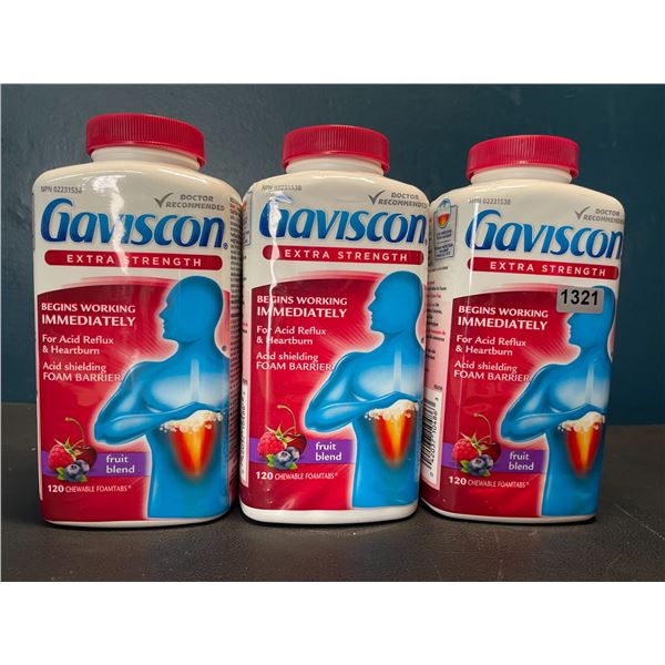Lot of 3 Gaviscon Extra Strength - For Acid Reflux & Heartburn - Soothing Fruit Blend - 120 Tablets