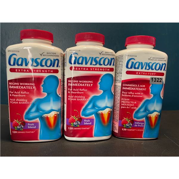 Lot of 3 Gaviscon Extra Strength - For Acid Reflux & Heartburn - Soothing Fruit Blend - 120 Tablets