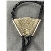 Image 2 : Vintage Black Leather Bolo Tie Marked Montana Silversmiths Sterling Silver Plate Columbus Mont