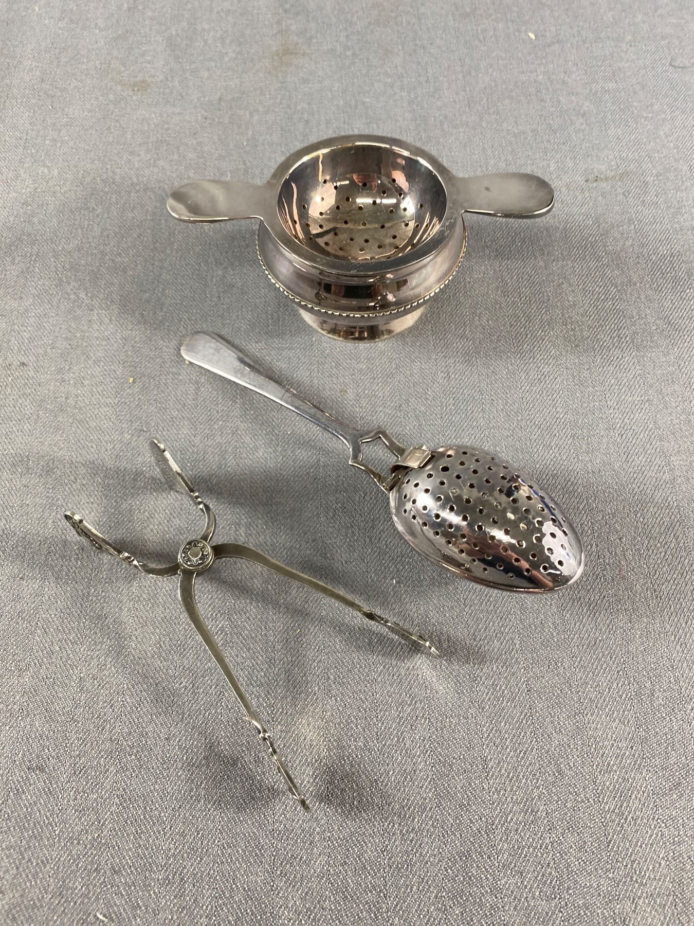 Vintage Tea Strainers and Antique Spring Loaded Sugar Tongs