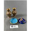 Image 2 : Vintage Cloisonne Pair of 4" Vases and Trinket Box