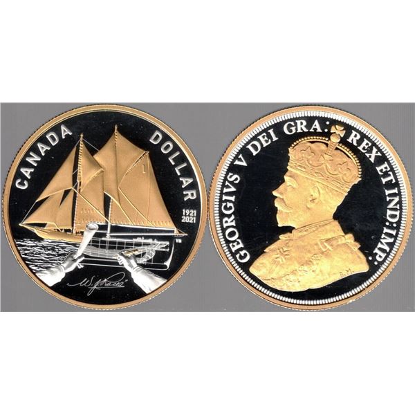 2021 Canada Fine Silver/Gold Plated Dollar, "100th Anniversary of The Bluenose" Tax exempt
