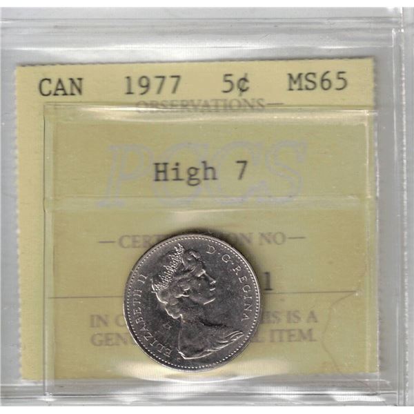 1977 Canada 5¢ High 7, PCCS MS65 (Professional Coin Certification System)