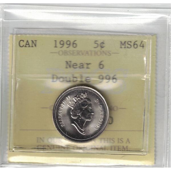 1996 Canada 5¢ Near 6, Double 996, PCCS MS64 (Professional Coin Certification System)