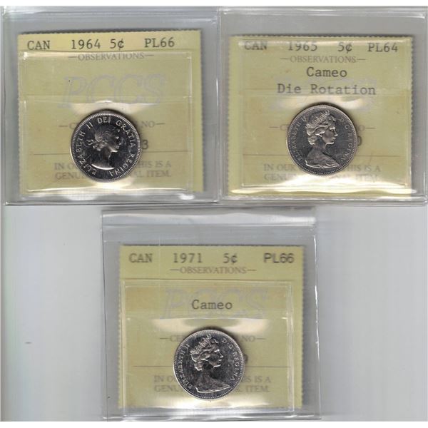 PL Group Lot 5¢ 1964-1965-1971 PCCS PL64-66 (Professional Coin Certification System) 3 Pcs