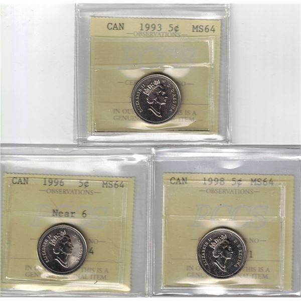1993- 1996 Near 6- 1998 5¢ PCCS MS64, 3Pcs (Professional Coin Certification System)