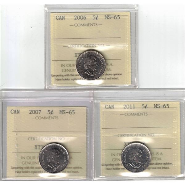 2006-2007-2011- 5¢ ICCS MS65 3Pcs
