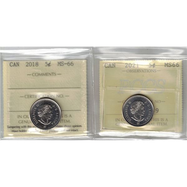 2018 5¢ ICCS MS-66, 2021 5¢ PCCS MS-66 (Professional Coin Certification System)