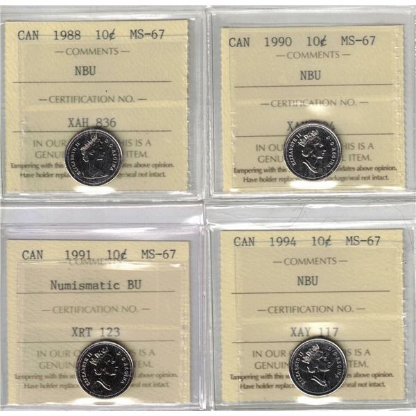 1988 10¢ MS67, 1990 10¢ MS67, 1991 10¢ MS67, 1994 10¢ MS67, 4pcs All ICCS, NBU