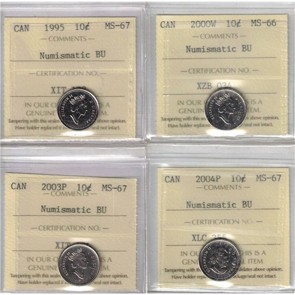 1995 10¢ MS67, 2000W 10¢ MS66, 2003P 10¢ MS67, 2004P 10¢ MS67, 4pcs All ICCS, NBU