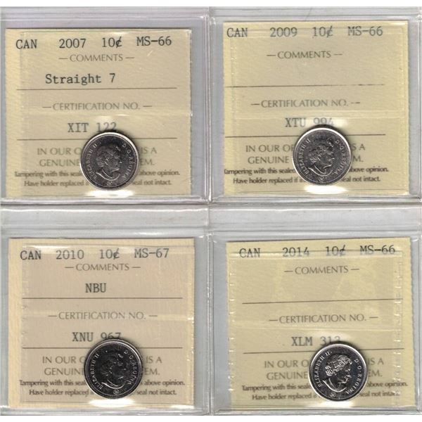 2007 10¢ St7 MS66, 2009 10¢ MS66, 2010 10¢ MS67 NBU, 2014 10¢ MS66, 4pcs All ICCS
