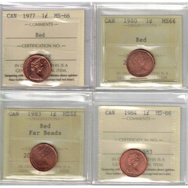 1¢ MS-66 ICCS PCCS 4pcs lot, Professional Coin Certification System