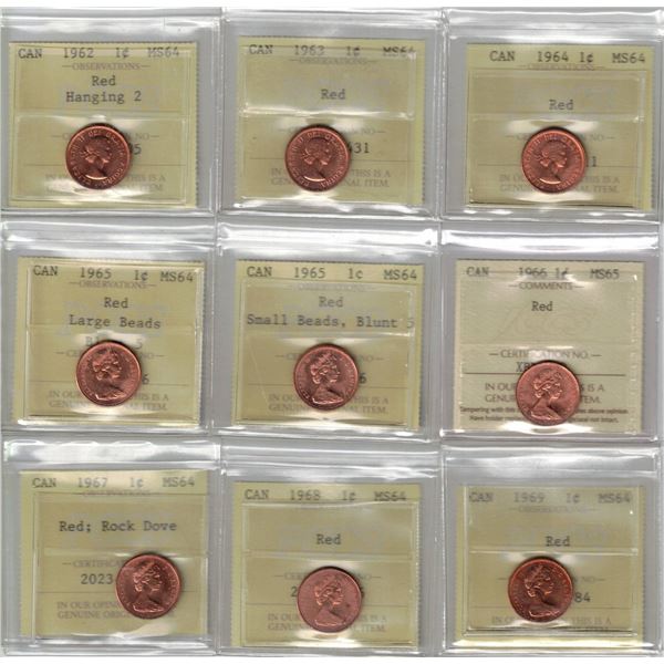 1¢ 1962 to 1989 MS64-65 ICCS, PCCS 9 pcs