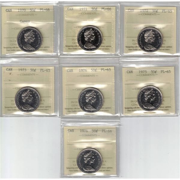 50¢ ICCS-PCCS Proof Like Lot of 7 pcs, Professional Coin Certification System