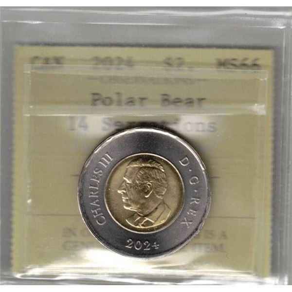 2024 $2. Polar Bear; 14 Serrations; No Water PCCS graded MS66, Professional Coin Certification Syste