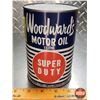 Image 1 : OIL TIN: Woodward's Motor Oil - Super Duty (6"H x 4"Dia) (SEE PICS!)