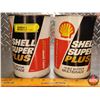 Image 2 : OIL TINS (2) SHELL SUPER PLUS : (1 FULL 1 EMPTY) (Both 6"H x 4"Dia) (SEE PICS!)