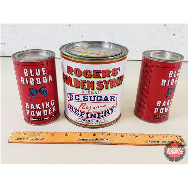 Tin Trio: Rogers' Golden Syrup ; Blue Ribbon Baking Powder (2) (SEE PICS!)