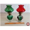 Image 1 : Coal Oil Lamps (2) Green & Green/Red (Total Measures: 11"H w/Chimney) (SEE PICS!)
