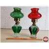 Image 2 : Coal Oil Lamps (2) Green & Green/Red (Total Measures: 11"H w/Chimney) (SEE PICS!)