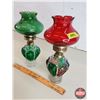 Image 3 : Coal Oil Lamps (2) Green & Green/Red (Total Measures: 11"H w/Chimney) (SEE PICS!)