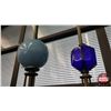 Image 2 : Lightning Rods (2) Mounted on Wood Base for Display - Cobalt Blue Glass Ball - Light Milk Blue Glass