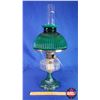 Image 2 : Coal Oil Lamp: Clear Font / Green Pedestal Base / Green Shade (British Burner) (24"H Total with Chim