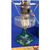 Image 4 : Coal Oil Lamp: Clear Font / Green Pedestal Base / Green Shade (British Burner) (24"H Total with Chim