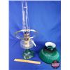 Image 5 : Coal Oil Lamp: Clear Font / Green Pedestal Base / Green Shade (British Burner) (24"H Total with Chim