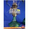 Image 6 : Coal Oil Lamp: Clear Font / Green Pedestal Base / Green Shade (British Burner) (24"H Total with Chim