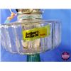 Image 7 : Coal Oil Lamp: Clear Font / Green Pedestal Base / Green Shade (British Burner) (24"H Total with Chim