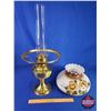 Image 7 : Coal Oil Lamp: Aladdin Brass/Metal Pedestal Base/Font with Floral Shade (#23 Burner) (24"H Total wit