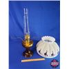 Image 6 : Coal Oil Lamp: Aladdin Lincoln Drape (Amber Pedestal Base/Font) Iridized Floral Shade #23 Burner (24