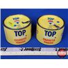 Image 1 : Tobacco Tins (2) : TOP Cigarette Tobacco (3-1/2"H x 5-1/2" Dia) (SEE PICS!)