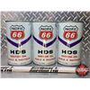 Image 2 : PACIFIC 66 OIL TINS (3) : HDS  Motor Oil (6-1/2"H x 4"Dia) (SEE PICS!)