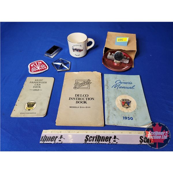 Collector Combo : Vintage Ashtray, Coffee Cup, Chrysler Emblem, Hudson Patches, Owner's Manuals (2),