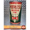 Image 2 : OIL TIN: B-A PEERLESS Motor Oil "It's Alloyed" (Bow Tie) (Note: Top is Re-Capped) (6-1/2"H x 4"Dia) 