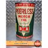 Image 2 : OIL TIN: B-A PEERLESS Motor Oil "It's Alloyed" (Bow Tie) (Note: Top is Re-Capped) (6-1/2"H x 4"Dia) 