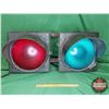 Image 1 : Traffic Lights Mounted on Square Tubing Frame (Red & Green) (Note: Needs New Cord) (14"H x 30-1/2W x