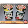 Image 1 : OIL TINS (2) : QUAKER STATE SUPER BLEND 10W30 (BOTH FULL!) (6"H x 4"Dia) (SEE PICS!)