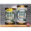 Image 2 : OIL TINS (2) : - QUAKER STATE SUPER BLEND MOTOR OIL (5-1/2"H x 4"Dia)  - QUAKER STATE SUPER BLEND MO