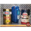 Image 2 : OIL TINS/BOTTLE (3): - TIN : ESSO EXTRA Multigrade Motor Oil (6-1/2"H x 4"Dia)  - TIN : ESSO Marvelu